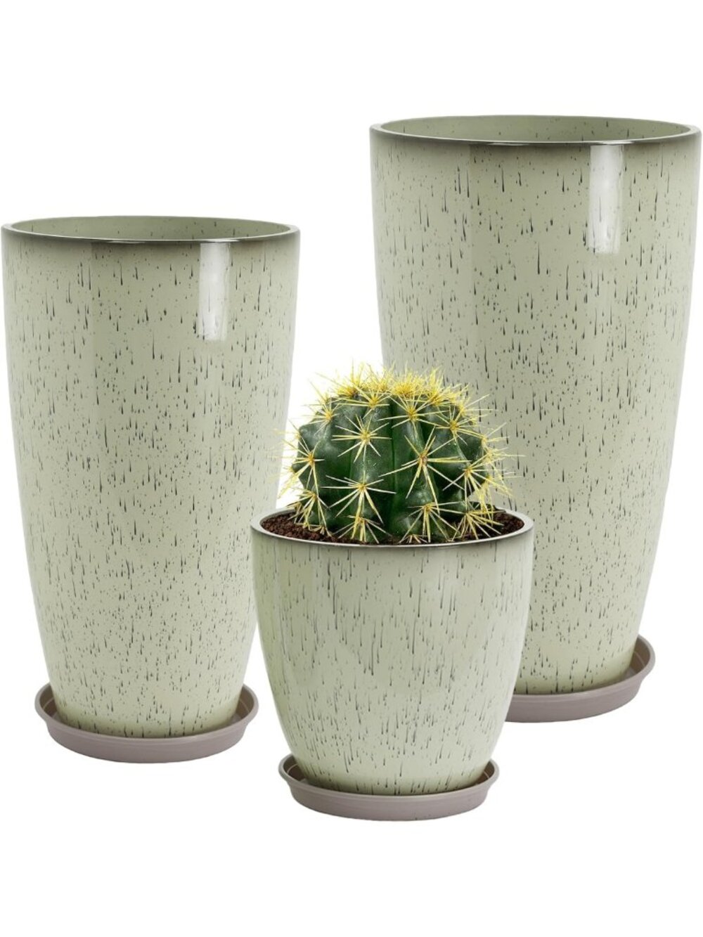 Set of 3 Tall Plastic Planters - Large 24/21/12in with Drip Tray for